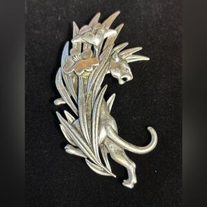 JJ Jonette Panther Jungle Cat Flowers Vintage Brooch Pin SilverTone Vintage